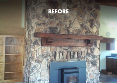 A stone fireplace with a wooden mantel marked "before" indicating a before-renovation state.